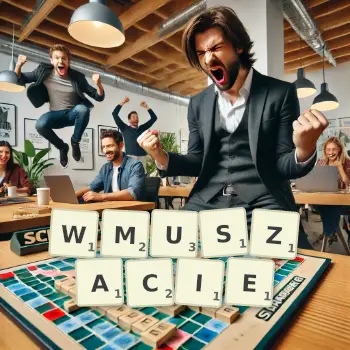 Kreatywna ilustracja do gry w Scrabble ze słowem WMUSZACIE ułożonym z płytek na planszy.