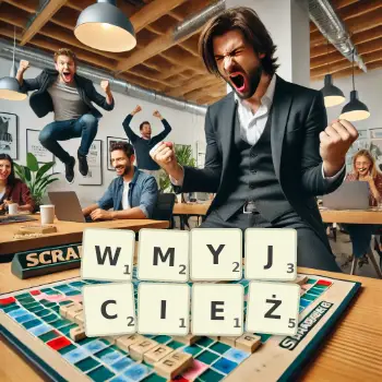 Kreatywna ilustracja do gry w Scrabble ze słowem WMYJCIEŻ ułożonym z płytek na planszy.