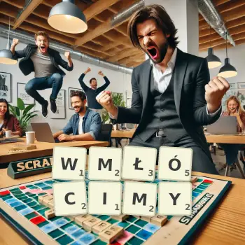 Kreatywna ilustracja do gry w Scrabble ze słowem WMŁÓCIMY ułożonym z płytek na planszy.