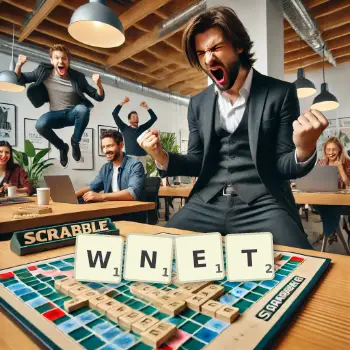 Kreatywna ilustracja do gry w Scrabble ze słowem WNET ułożonym z płytek na planszy.