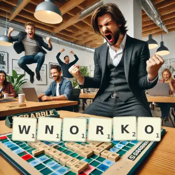 Kreatywna ilustracja do gry w Scrabble ze słowem WNORKO ułożonym z płytek na planszy.