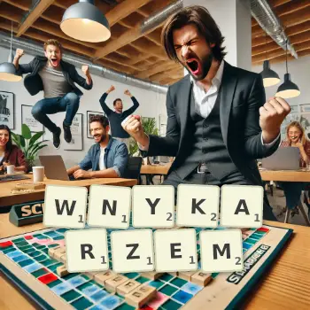 Kreatywna ilustracja do gry w Scrabble ze słowem WNYKARZEM ułożonym z płytek na planszy.