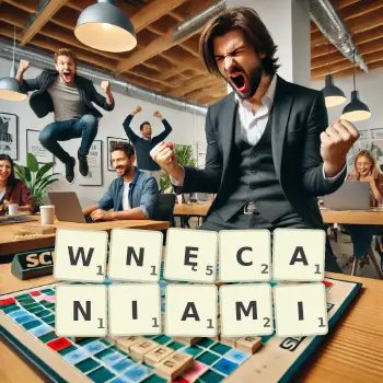 Kreatywna ilustracja do gry w Scrabble ze słowem WNĘCANIAMI ułożonym z płytek na planszy.