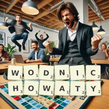 Kreatywna ilustracja do gry w Scrabble ze słowem WODNICHOWATY ułożonym z płytek na planszy.