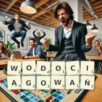Kreatywna ilustracja do gry w Scrabble ze słowem WODOCIĄGOWAŃ ułożonym z płytek na planszy.