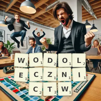 Kreatywna ilustracja do gry w Scrabble ze słowem WODOLECZNICTW ułożonym z płytek na planszy.