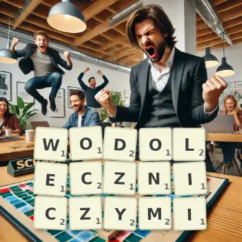 Kreatywna ilustracja do gry w Scrabble ze słowem WODOLECZNICZYMI ułożonym z płytek na planszy.