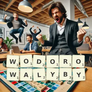 Kreatywna ilustracja do gry w Scrabble ze słowem WODOROWALYBY ułożonym z płytek na planszy.
