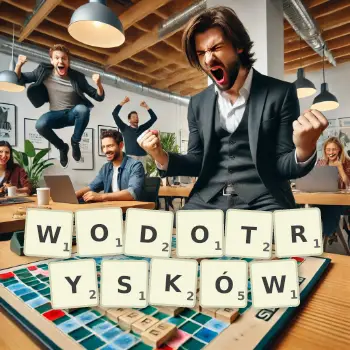 Kreatywna ilustracja do gry w Scrabble ze słowem WODOTRYSKÓW ułożonym z płytek na planszy.