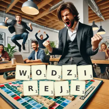 Kreatywna ilustracja do gry w Scrabble ze słowem WODZIREJE ułożonym z płytek na planszy.