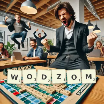 Kreatywna ilustracja do gry w Scrabble ze słowem WODZOM ułożonym z płytek na planszy.