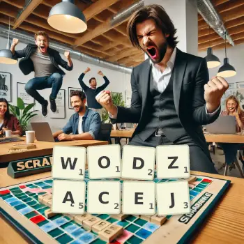Kreatywna ilustracja do gry w Scrabble ze słowem WODZĄCEJ ułożonym z płytek na planszy.