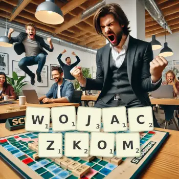 Kreatywna ilustracja do gry w Scrabble ze słowem WOJACZKOM ułożonym z płytek na planszy.