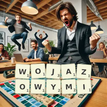 Kreatywna ilustracja do gry w Scrabble ze słowem WOJAZOWYMI ułożonym z płytek na planszy.