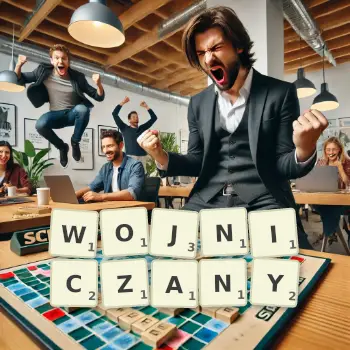 Kreatywna ilustracja do gry w Scrabble ze słowem WOJNICZANY ułożonym z płytek na planszy.