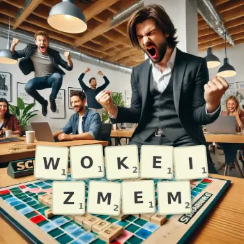 Kreatywna ilustracja do gry w Scrabble ze słowem WOKEIZMEM ułożonym z płytek na planszy.