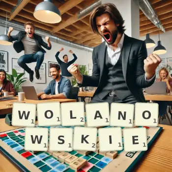 Kreatywna ilustracja do gry w Scrabble ze słowem WOLANOWSKIE ułożonym z płytek na planszy.