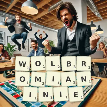 Kreatywna ilustracja do gry w Scrabble ze słowem WOLBROMIANINIE ułożonym z płytek na planszy.