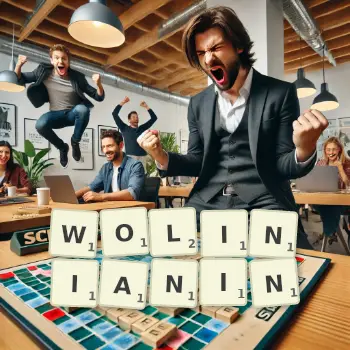 Kreatywna ilustracja do gry w Scrabble ze słowem WOLINIANIN ułożonym z płytek na planszy.