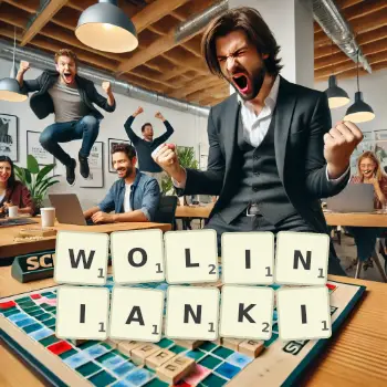 Kreatywna ilustracja do gry w Scrabble ze słowem WOLINIANKI ułożonym z płytek na planszy.