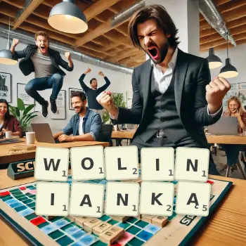 Kreatywna ilustracja do gry w Scrabble ze słowem WOLINIANKĄ ułożonym z płytek na planszy.