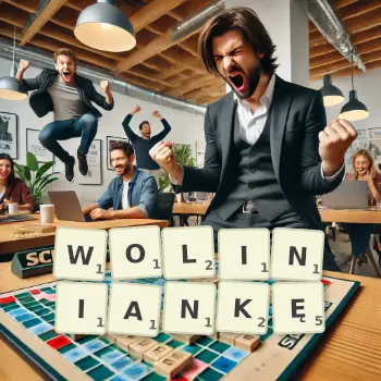 Kreatywna ilustracja do gry w Scrabble ze słowem WOLINIANKĘ ułożonym z płytek na planszy.