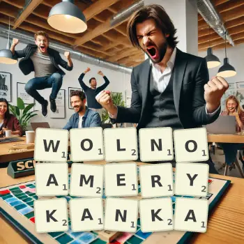 Kreatywna ilustracja do gry w Scrabble ze słowem WOLNOAMERYKANKA ułożonym z płytek na planszy.