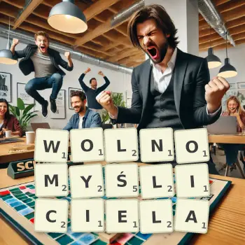 Kreatywna ilustracja do gry w Scrabble ze słowem WOLNOMYŚLICIELA ułożonym z płytek na planszy.