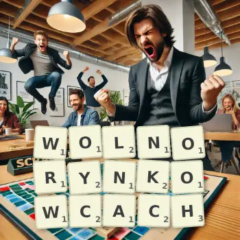 Kreatywna ilustracja do gry w Scrabble ze słowem WOLNORYNKOWCACH ułożonym z płytek na planszy.