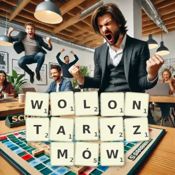 Kreatywna ilustracja do gry w Scrabble ze słowem WOLONTARYZMÓW ułożonym z płytek na planszy.