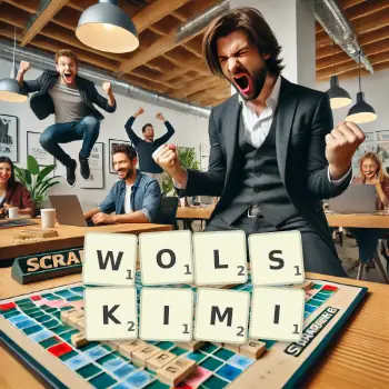 Kreatywna ilustracja do gry w Scrabble ze słowem WOLSKIMI ułożonym z płytek na planszy.