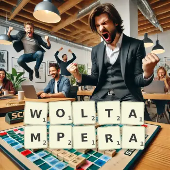 Kreatywna ilustracja do gry w Scrabble ze słowem WOLTAMPERA ułożonym z płytek na planszy.