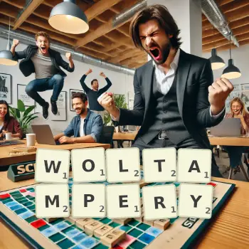 Kreatywna ilustracja do gry w Scrabble ze słowem WOLTAMPERY ułożonym z płytek na planszy.