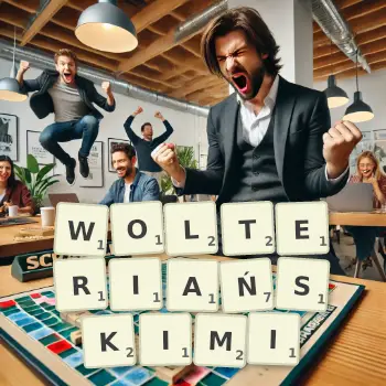 Kreatywna ilustracja do gry w Scrabble ze słowem WOLTERIAŃSKIMI ułożonym z płytek na planszy.
