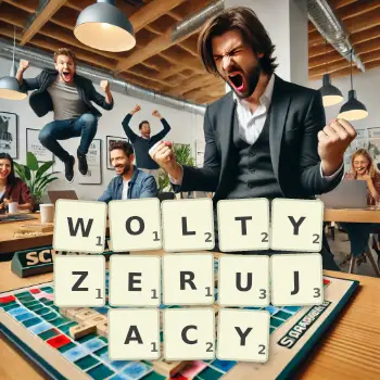 Kreatywna ilustracja do gry w Scrabble ze słowem WOLTYZERUJACY ułożonym z płytek na planszy.