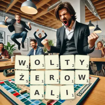 Kreatywna ilustracja do gry w Scrabble ze słowem WOLTYŻEROWALI ułożonym z płytek na planszy.
