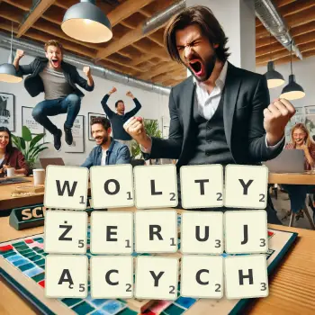 Kreatywna ilustracja do gry w Scrabble ze słowem WOLTYŻERUJĄCYCH ułożonym z płytek na planszy.