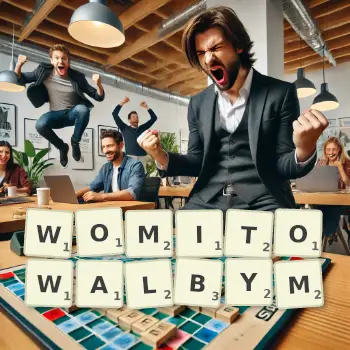 Kreatywna ilustracja do gry w Scrabble ze słowem WOMITOWALBYM ułożonym z płytek na planszy.