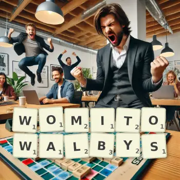 Kreatywna ilustracja do gry w Scrabble ze słowem WOMITOWALBYS ułożonym z płytek na planszy.