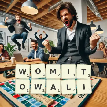 Kreatywna ilustracja do gry w Scrabble ze słowem WOMITOWALI ułożonym z płytek na planszy.