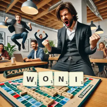 Kreatywna ilustracja do gry w Scrabble ze słowem WONI ułożonym z płytek na planszy.