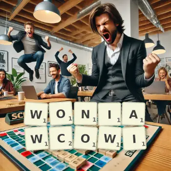 Kreatywna ilustracja do gry w Scrabble ze słowem WONIAWCOWI ułożonym z płytek na planszy.