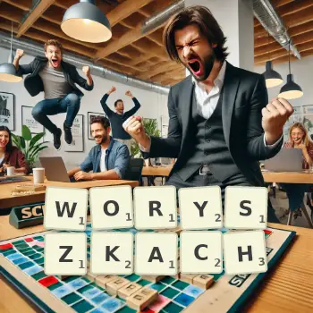 Kreatywna ilustracja do gry w Scrabble ze słowem WORYSZKACH ułożonym z płytek na planszy.
