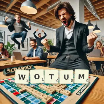 Kreatywna ilustracja do gry w Scrabble ze słowem WOTUM ułożonym z płytek na planszy.