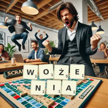 Kreatywna ilustracja do gry w Scrabble ze słowem WOŻENIA ułożonym z płytek na planszy.