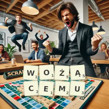 Kreatywna ilustracja do gry w Scrabble ze słowem WOŻĄCEMU ułożonym z płytek na planszy.