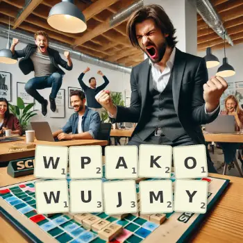 Kreatywna ilustracja do gry w Scrabble ze słowem WPAKOWUJMY ułożonym z płytek na planszy.