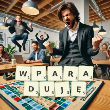 Kreatywna ilustracja do gry w Scrabble ze słowem WPARADUJĘ ułożonym z płytek na planszy.