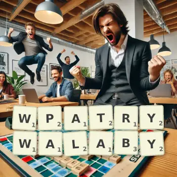 Kreatywna ilustracja do gry w Scrabble ze słowem WPATRYWALABY ułożonym z płytek na planszy.