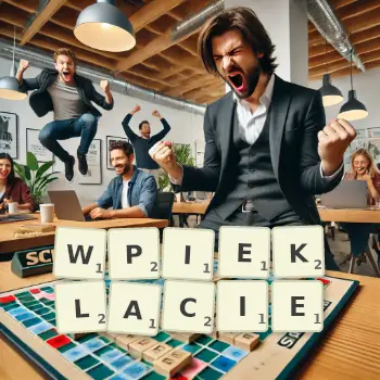Kreatywna ilustracja do gry w Scrabble ze słowem WPIEKLACIE ułożonym z płytek na planszy.